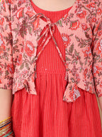 Red Sleeveless Dress with Pink 3/4 Sleeve Printed Jacket