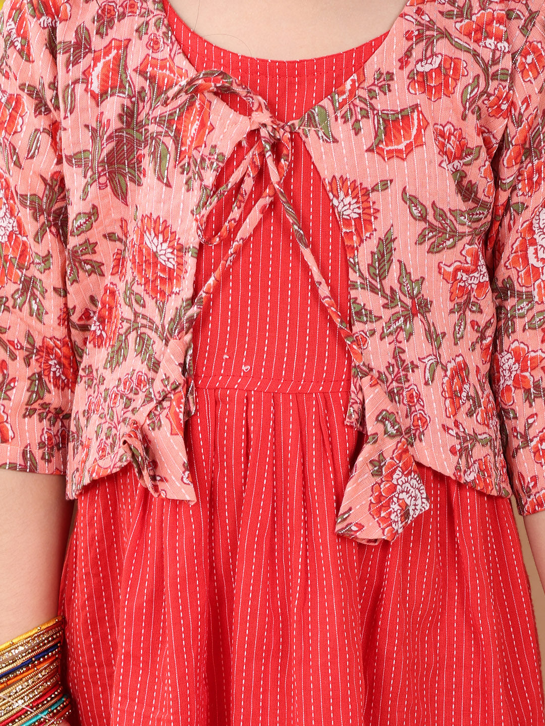 Red Sleeveless Dress with Pink 3/4 Sleeve Printed Jacket