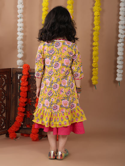 Pink Dress with yellow printed long jacket