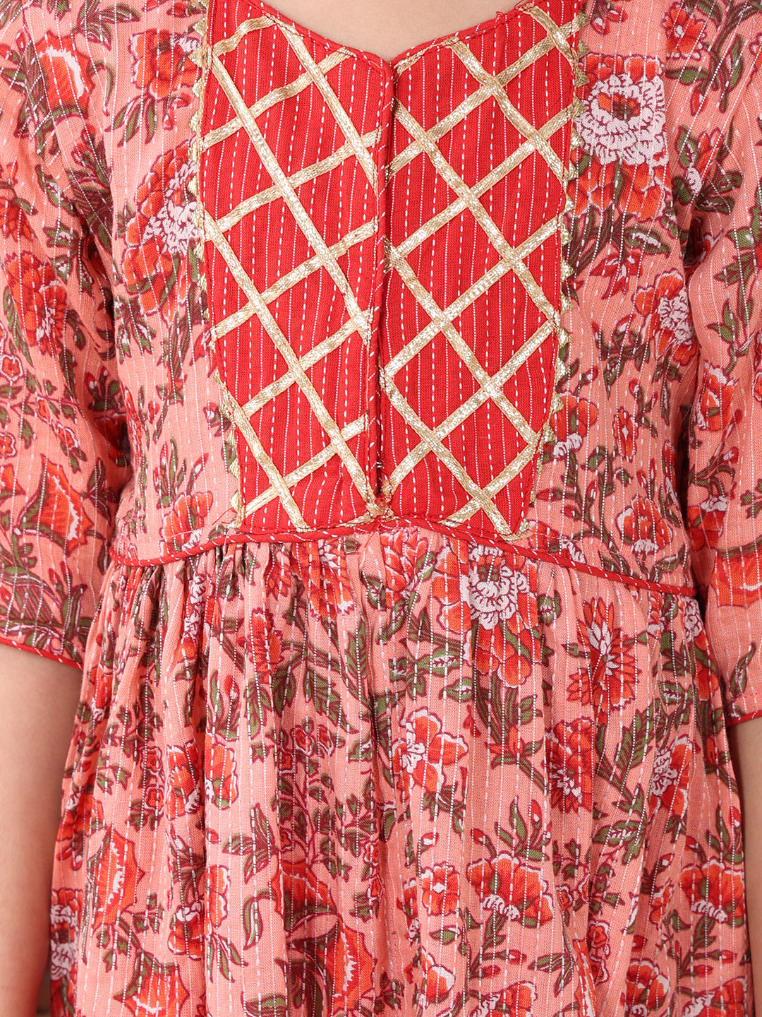 Peach 3/4 sleeves printed cotton Dress