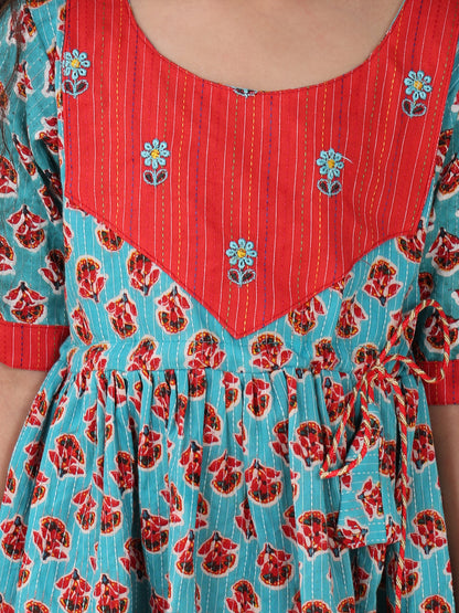 Green 3/4 sleeves floral embroidered cotton Dress