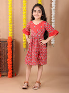 Red 3/4 sleeves floral embroidered cotton Dress