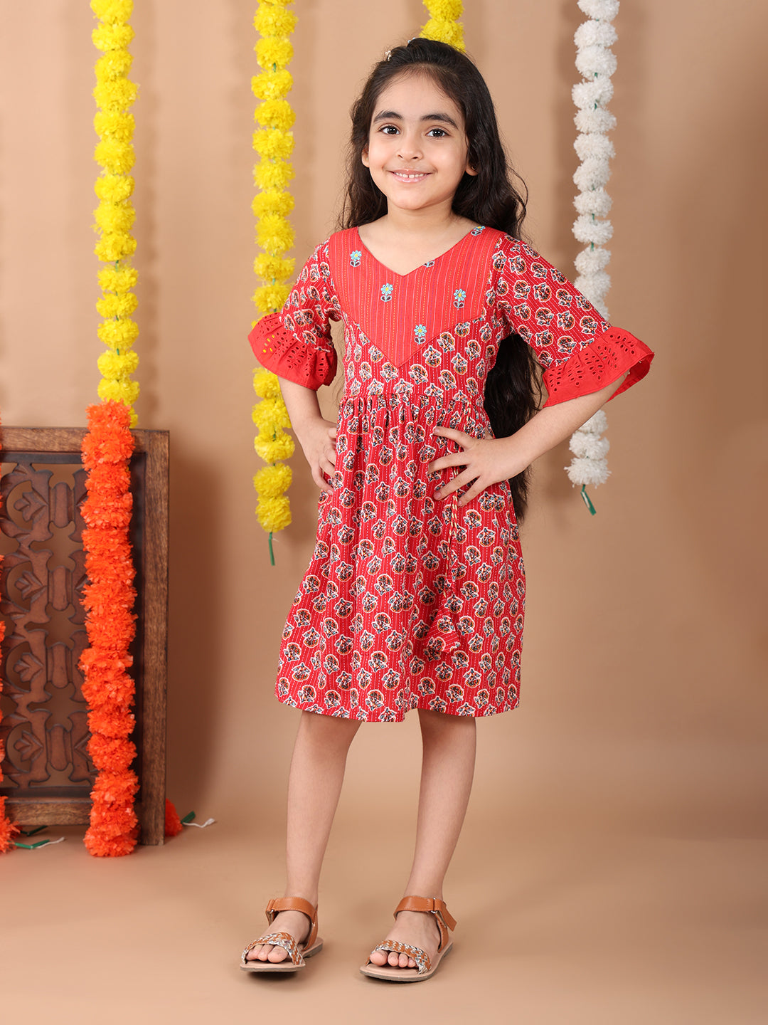 Red 3/4 sleeves floral embroidered cotton Dress