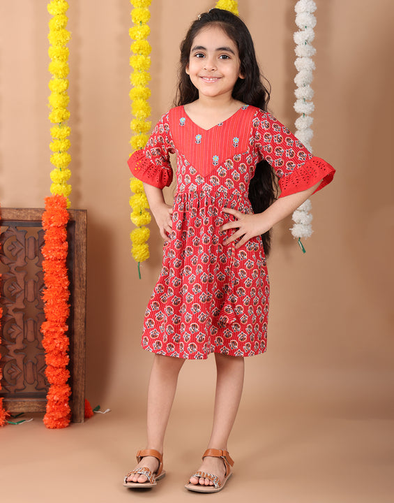 Red 3/4 sleeves floral embroidered cotton Dress