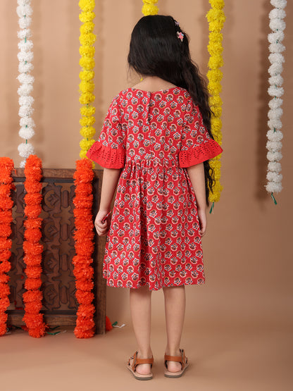 Red 3/4 sleeves floral embroidered cotton Dress