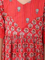 Red 3/4 sleeves floral embroidered cotton Dress