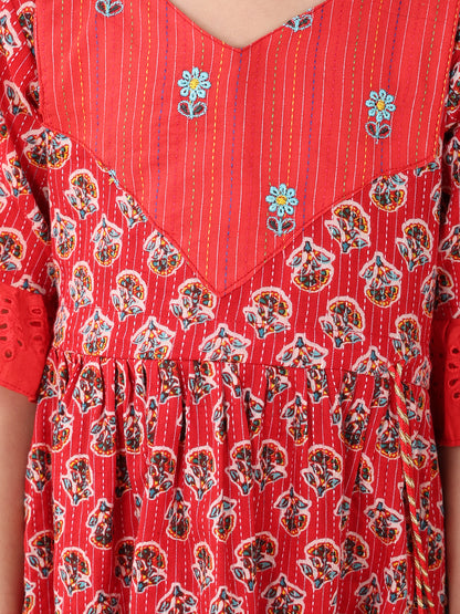 Red 3/4 sleeves floral embroidered cotton Dress