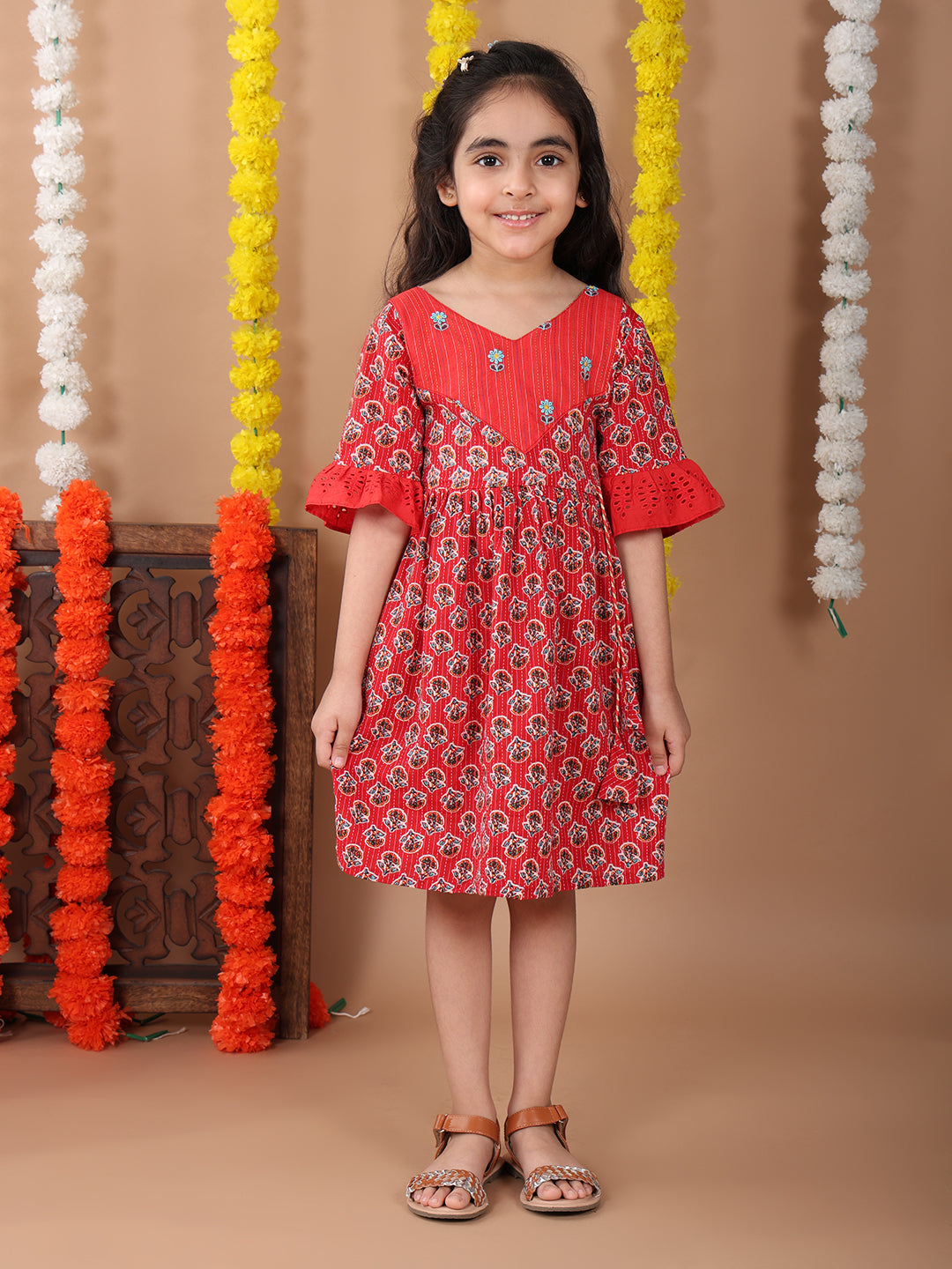 Red 3/4 sleeves floral embroidered cotton Dress