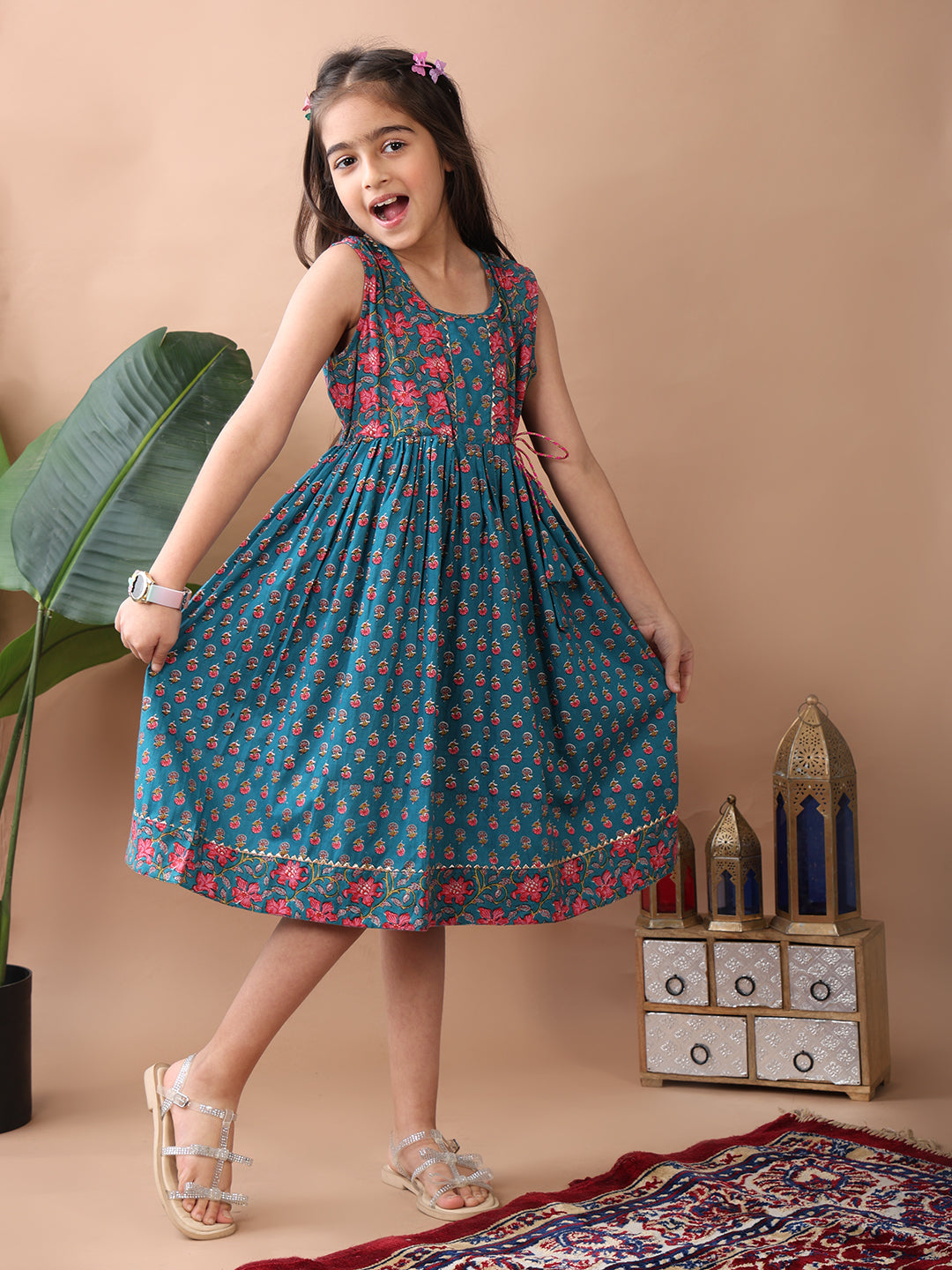 Blue Cotton printed sleevless dress