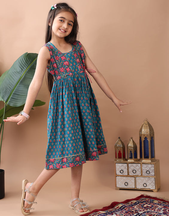 Blue Cotton printed sleevless dress