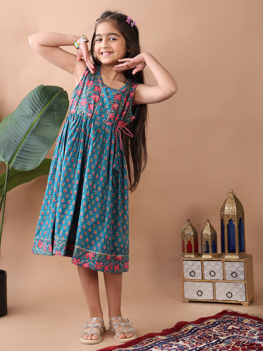 Blue Cotton printed sleevless dress