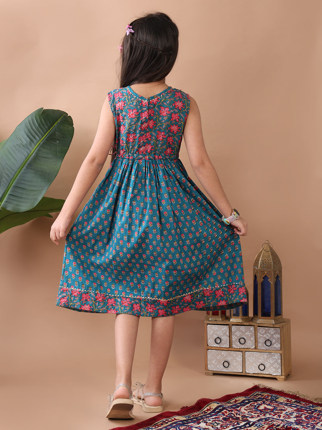 Blue Cotton printed sleevless dress