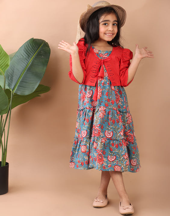 Blue Printed sleeveless Katha Dress with red hakoba  jacket