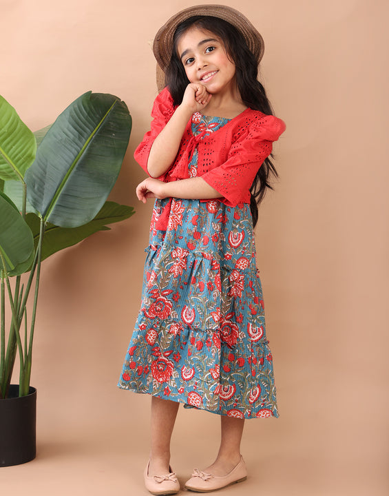 Blue Printed sleeveless Katha Dress with red hakoba  jacket