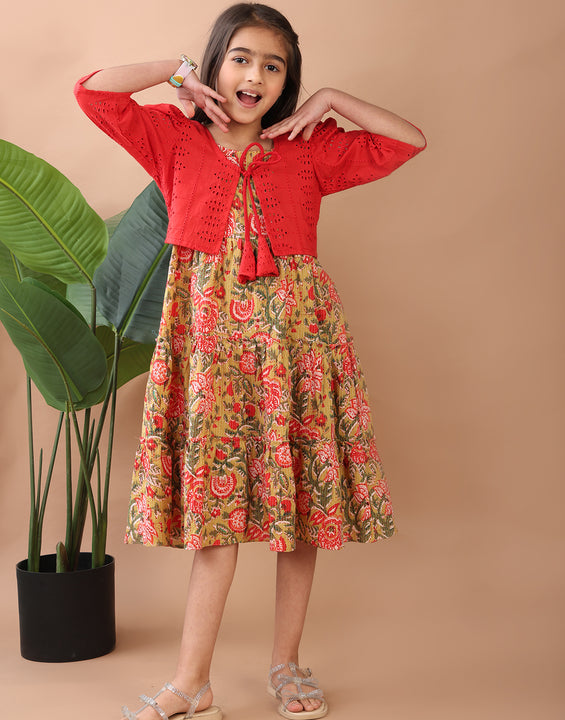 Green Printed sleeveless Katha Dress with red hakoba  jacket