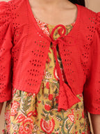 Green Printed sleeveless Katha Dress with red hakoba  jacket