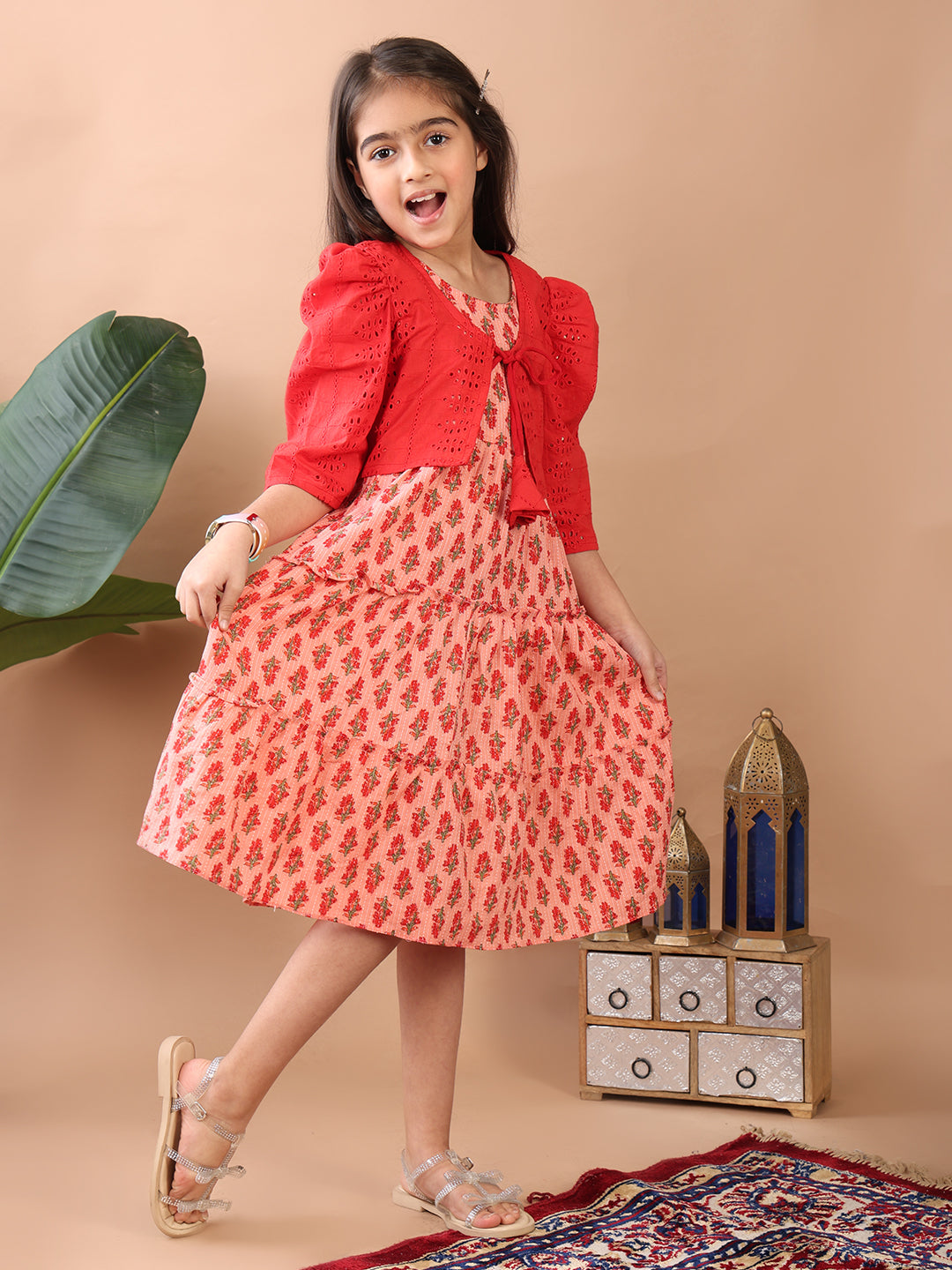 Peach Printed sleeveless Katha Dress with red hakoba  jacket