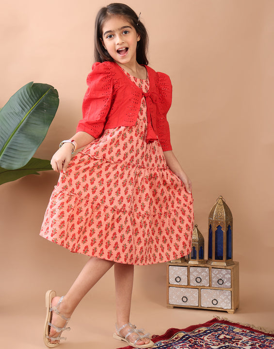 Peach Printed sleeveless Katha Dress with red hakoba  jacket