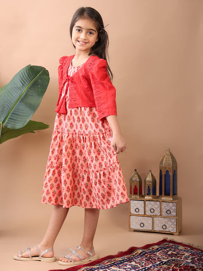 Peach Printed sleeveless Katha Dress with red hakoba  jacket