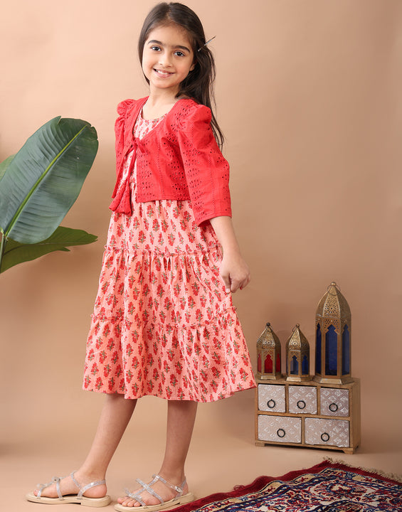 Peach Printed sleeveless Katha Dress with red hakoba  jacket