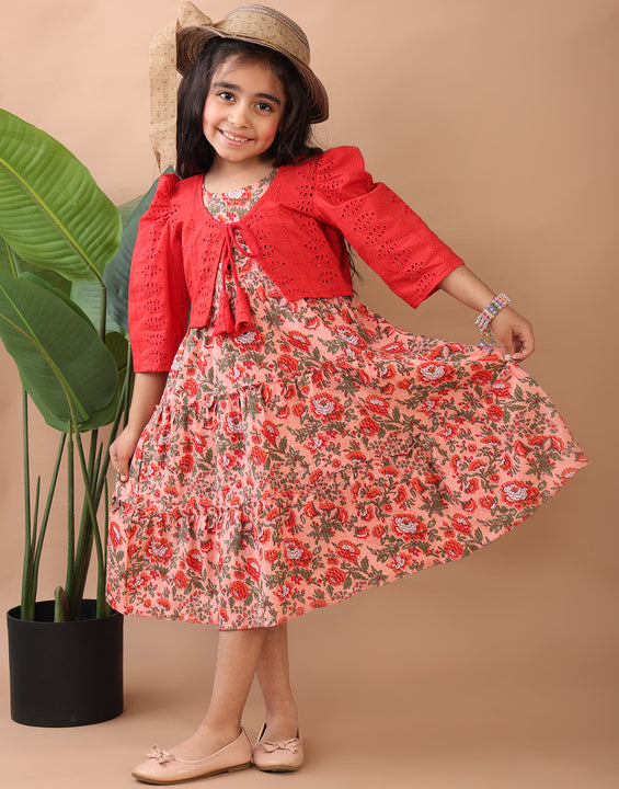 Peach Floral Printed sleeveless Katha Dress with red hakoba  jacket