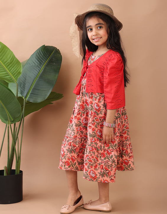 Peach Floral Printed sleeveless Katha Dress with red hakoba  jacket