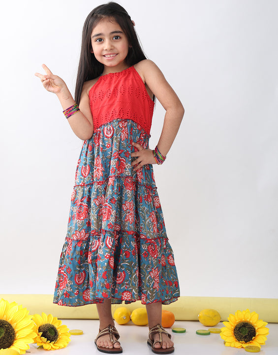Blue Floral Dress With hakoba patch