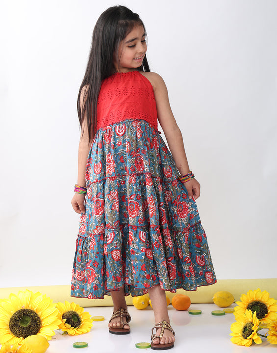 Blue Floral Dress With hakoba patch