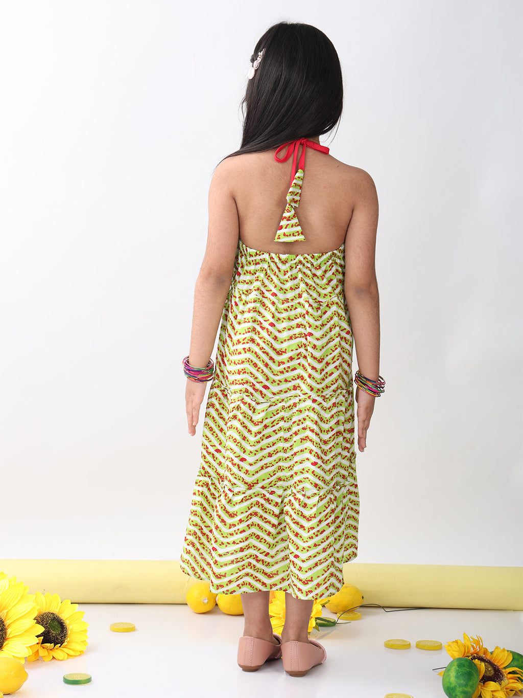 Green Leheriya sleeveless Dress
