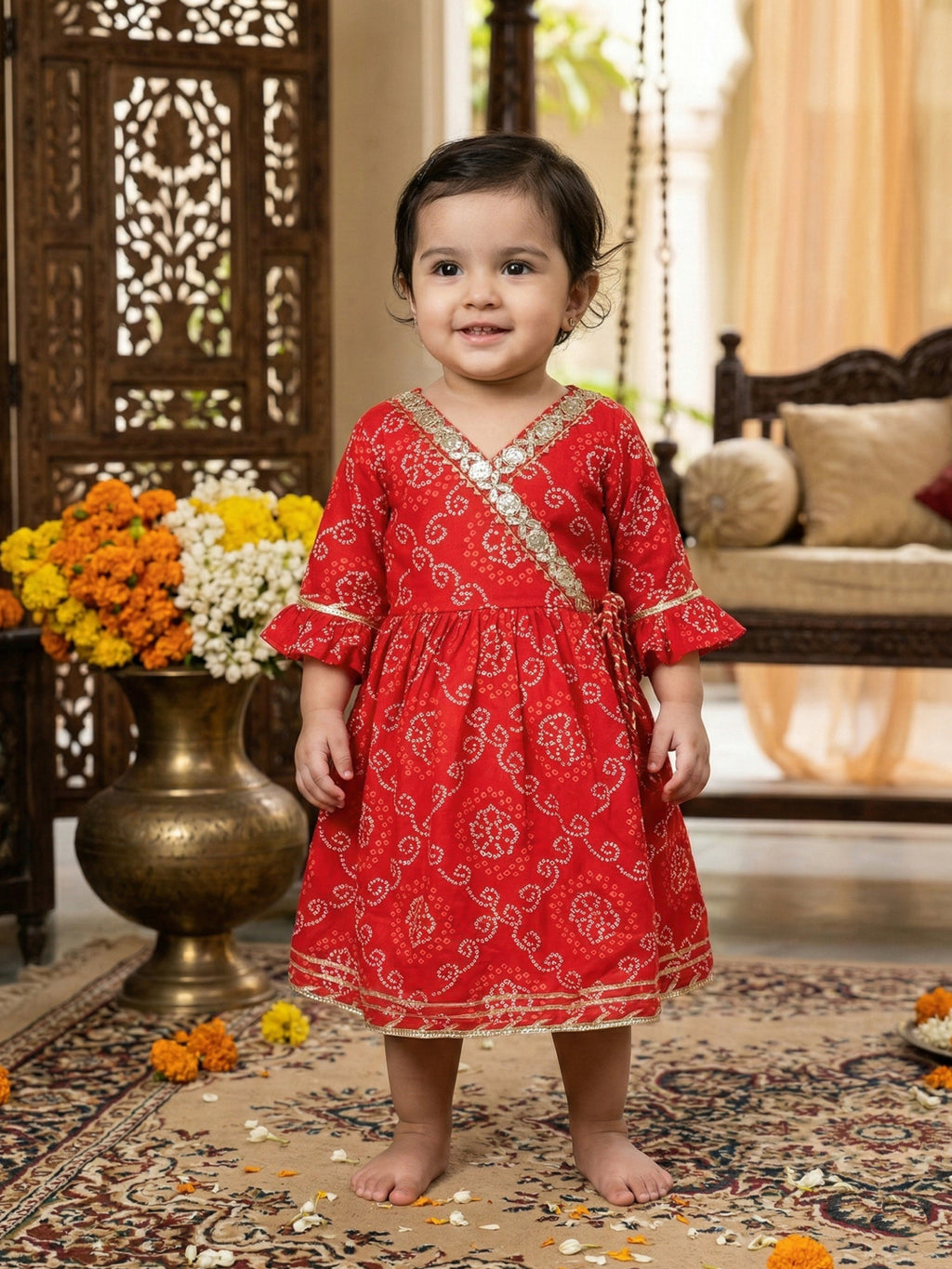 Red Bandhej Designed & Sequin Lace Embellished Angrakha Style Fit & Flare Dress