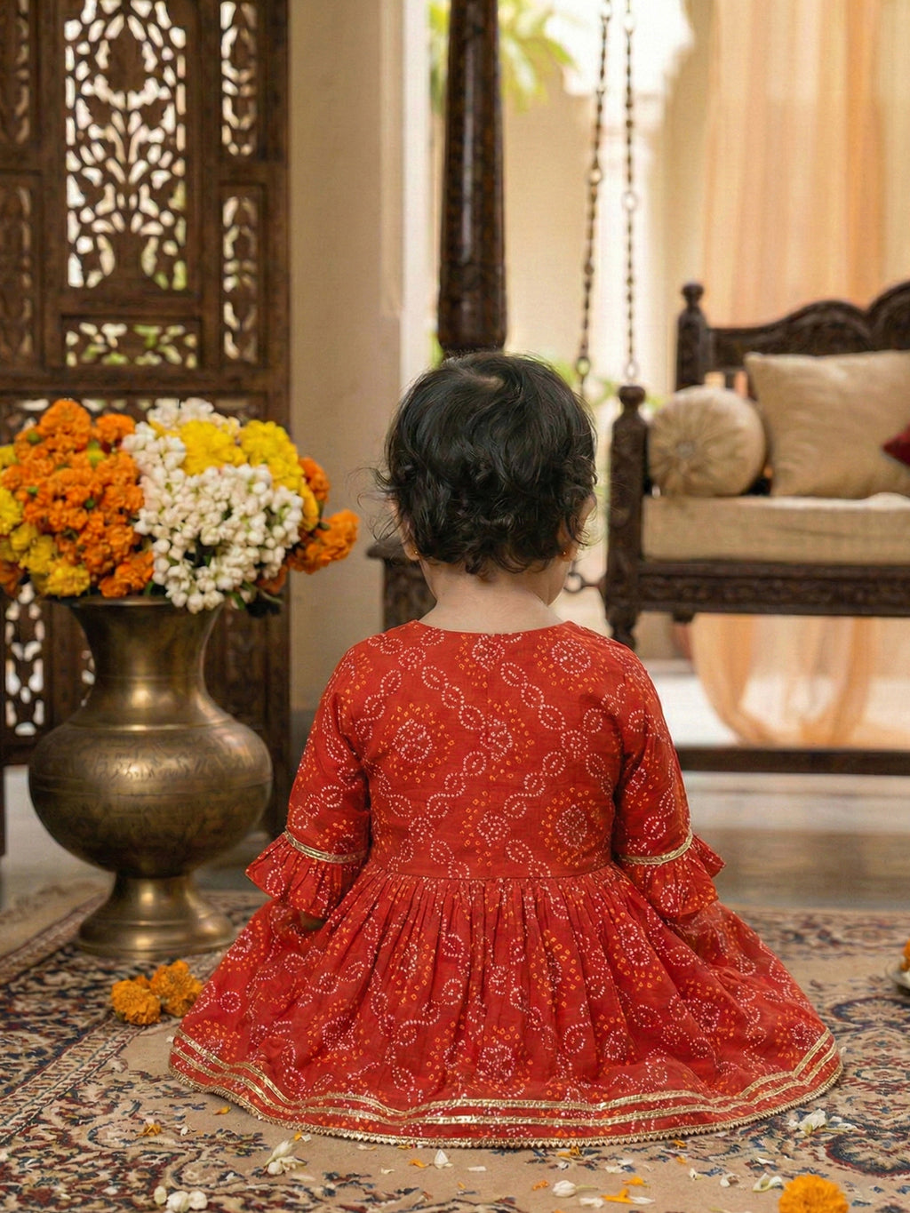 Red Bandhej Designed & Sequin Lace Embellished Angrakha Style Fit & Flare Dress