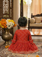 Red Bandhej Designed & Sequin Lace Embellished Angrakha Style Fit & Flare Dress