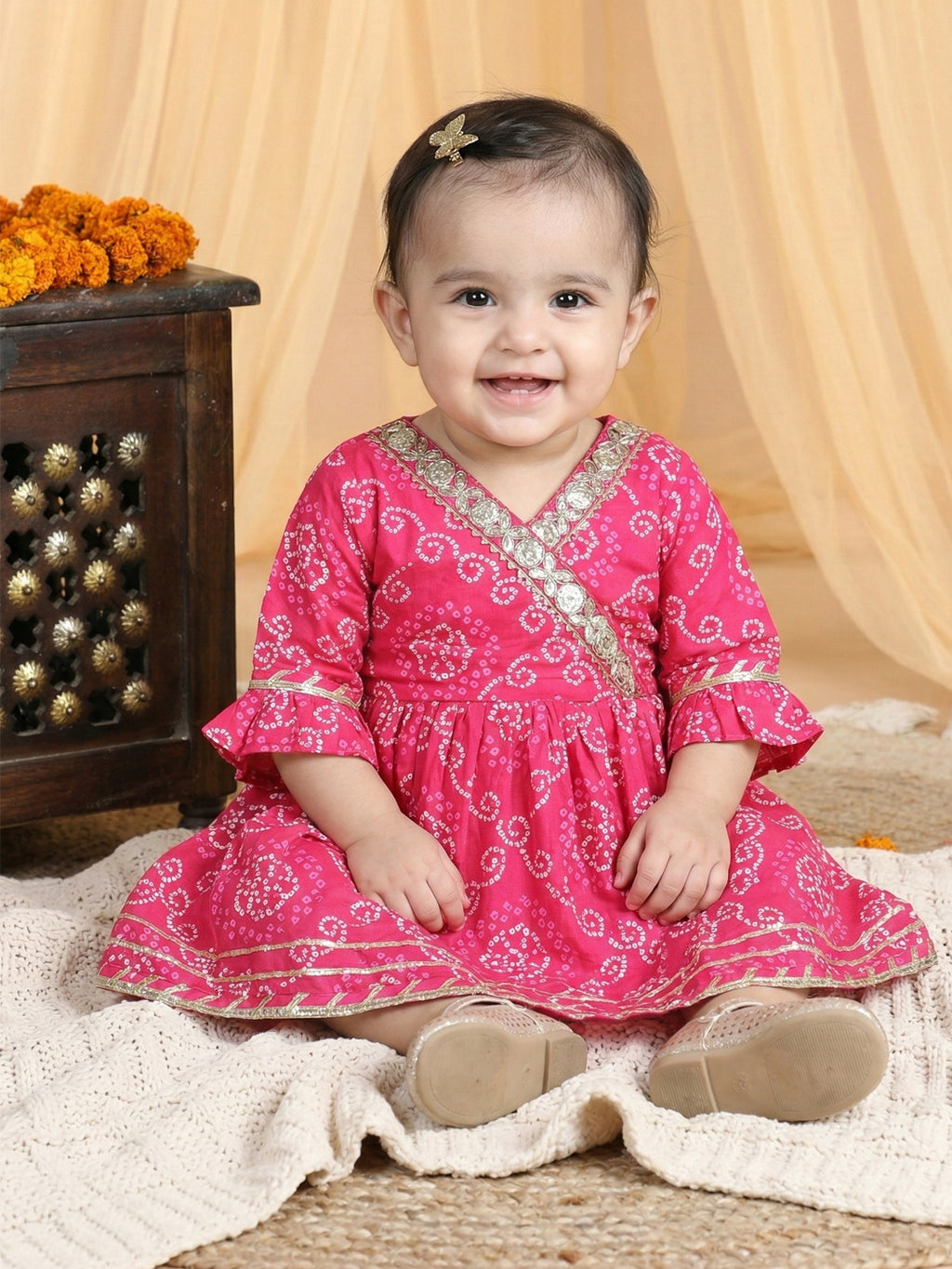 Pink Bandhej Designed & Sequin Lace Embellished Angrakha Style Fit & Flare Dress