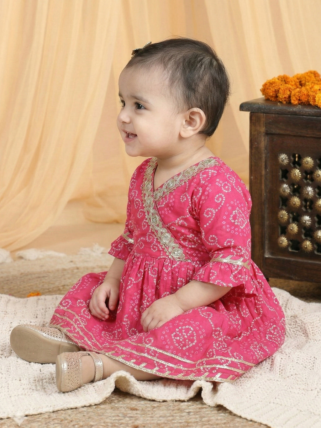 Pink Bandhej Designed & Sequin Lace Embellished Angrakha Style Fit & Flare Dress