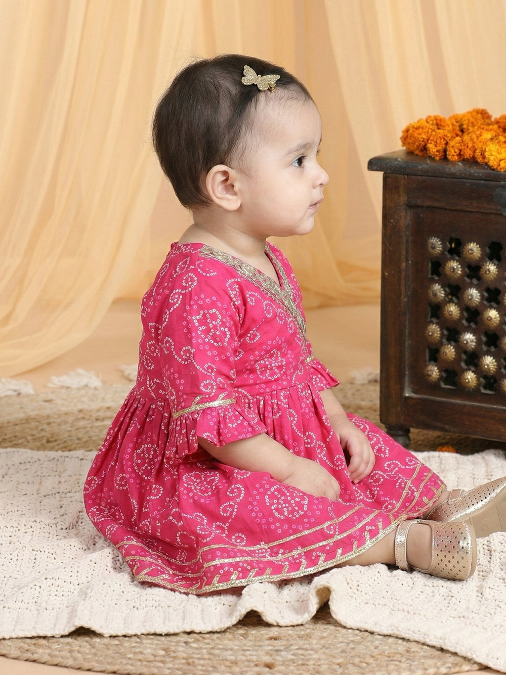 Pink Bandhej Designed & Sequin Lace Embellished Angrakha Style Fit & Flare Dress
