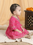 Pink Bandhej Designed & Sequin Lace Embellished Angrakha Style Fit & Flare Dress