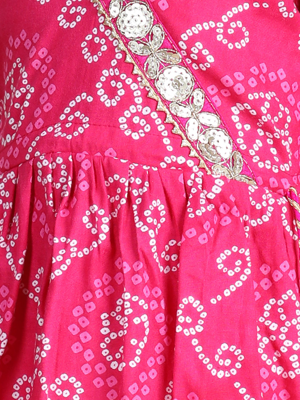 Pink Bandhej Designed & Sequin Lace Embellished Angrakha Style Fit & Flare Dress