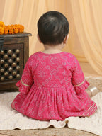 Pink Bandhej Designed & Sequin Lace Embellished Angrakha Style Fit & Flare Dress