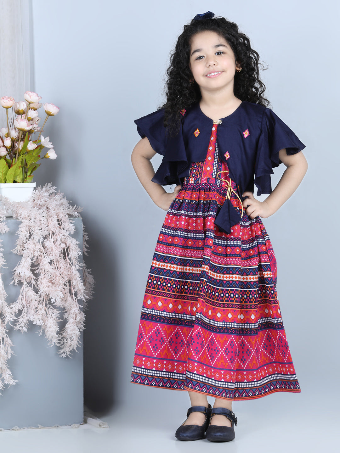Blue Cotton Printed Dress with embroidered Jacket