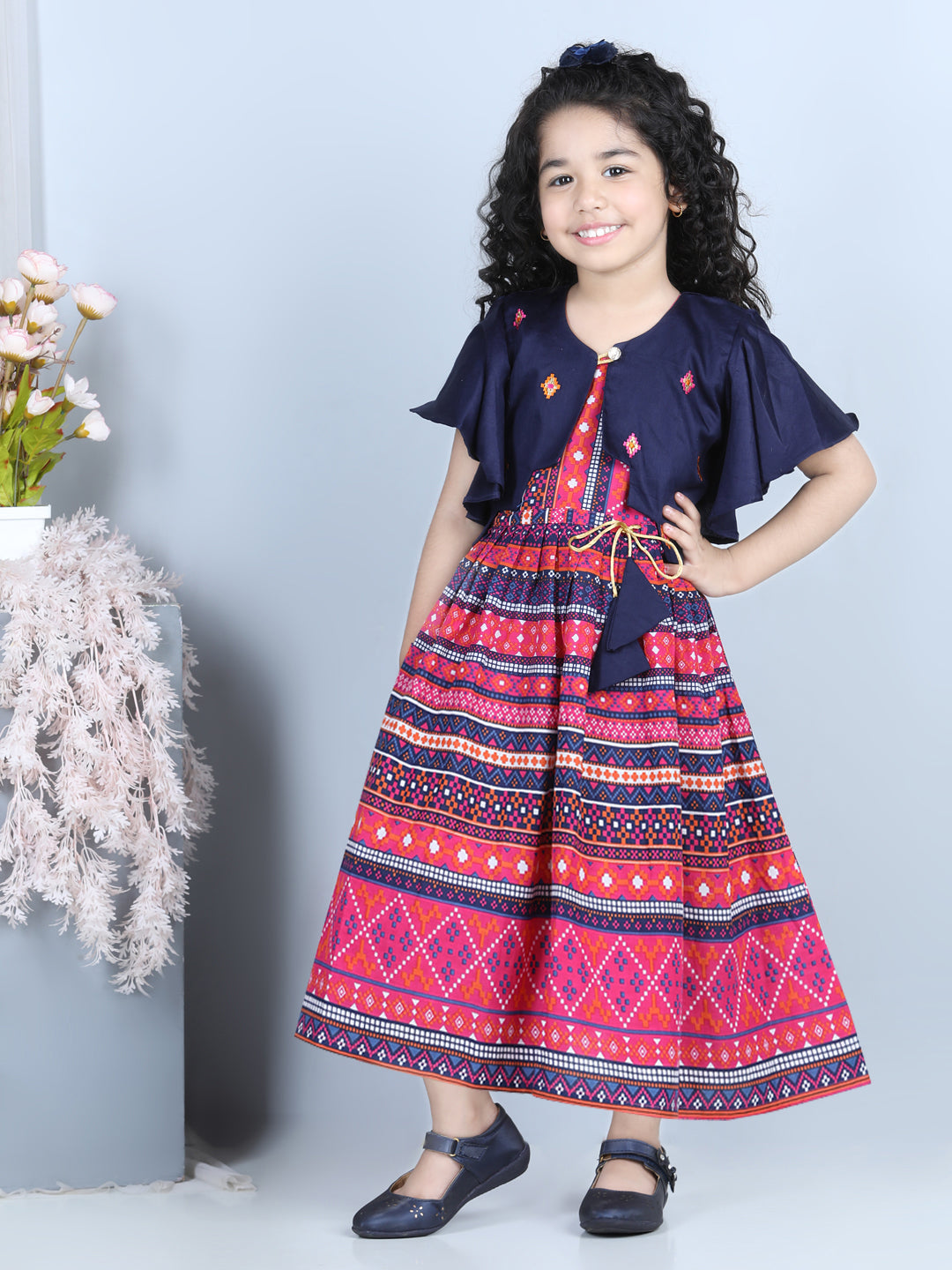 Blue Cotton Printed Dress with embroidered Jacket