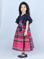 Blue Cotton Printed Dress with embroidered Jacket
