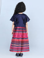 Blue Cotton Printed Dress with embroidered Jacket