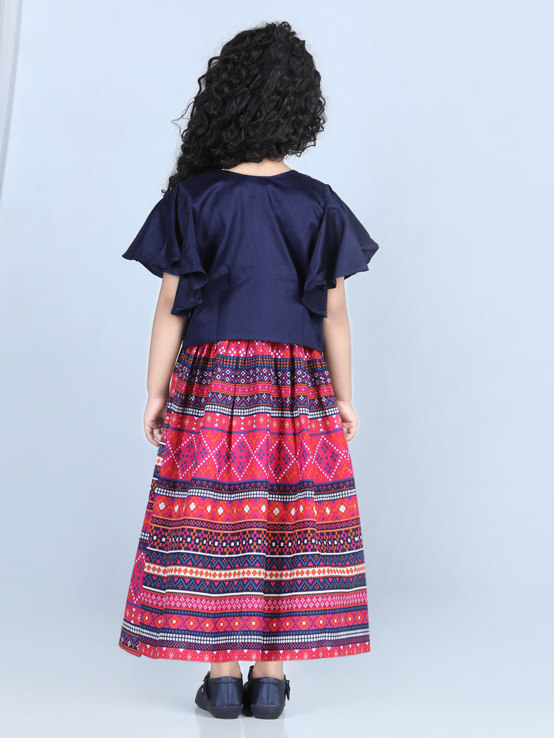 Blue Cotton Printed Dress with embroidered Jacket