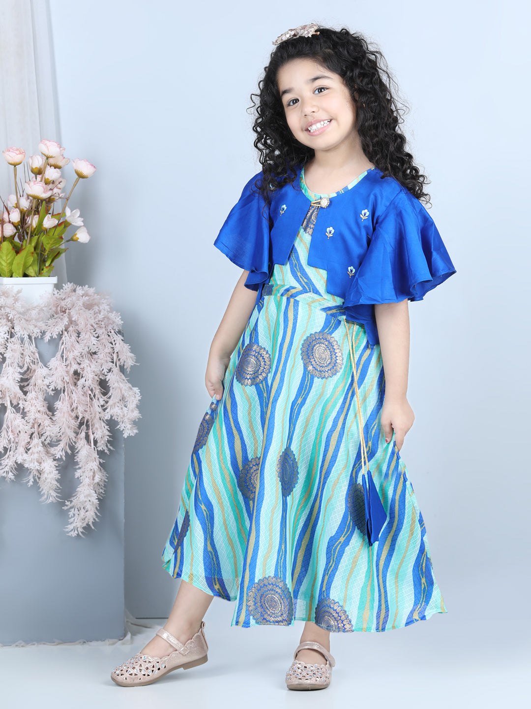 Blue Foil Printed Dress with embroidered Jacket