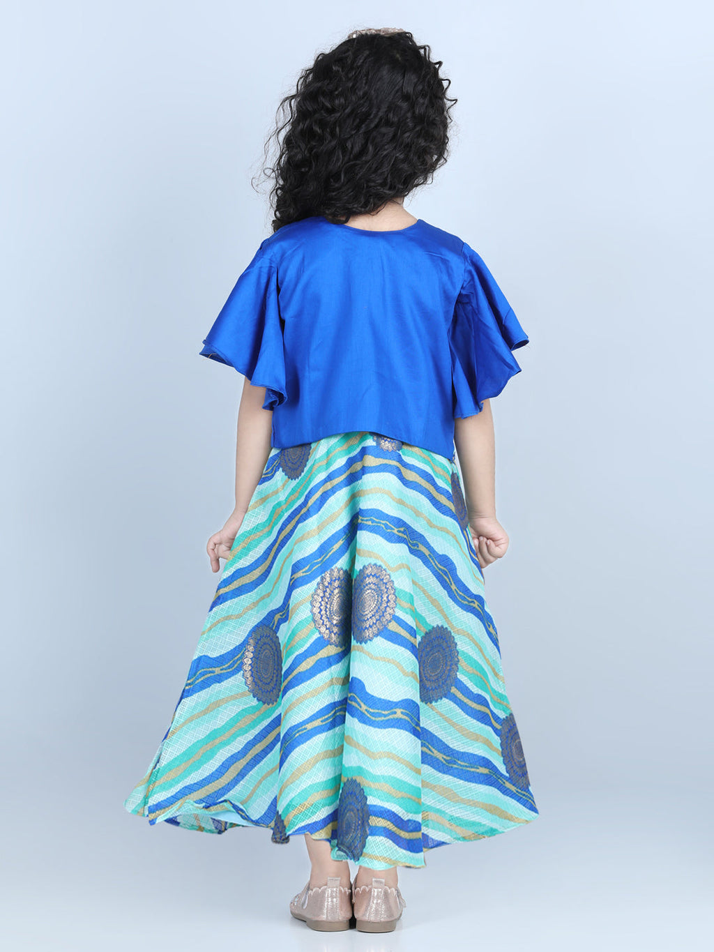 Blue Foil Printed Dress with embroidered Jacket