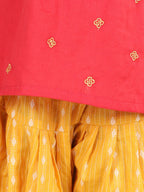 Red embroidered kurta with yellow katha printed dhoti
