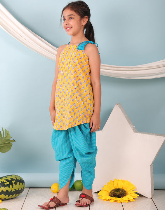 Yellow floral sleeveless tie on Kurti with Blue Dhoti
