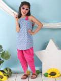 Blue floral sleeveless tie on Kurti with  Pink Dhoti