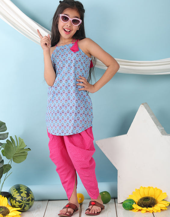 Blue floral sleeveless tie on Kurti with  Pink Dhoti