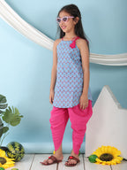 Blue floral sleeveless tie on Kurti with  Pink Dhoti